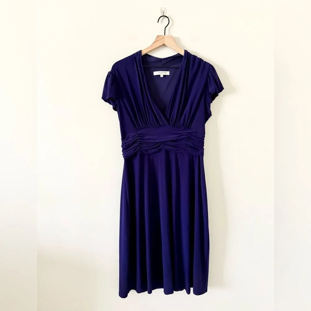 Evan Picone Surplice Neck Ruched Waist Cap Sleeve Midi Dress in Dark Purple 14 - Picture 2 of 6